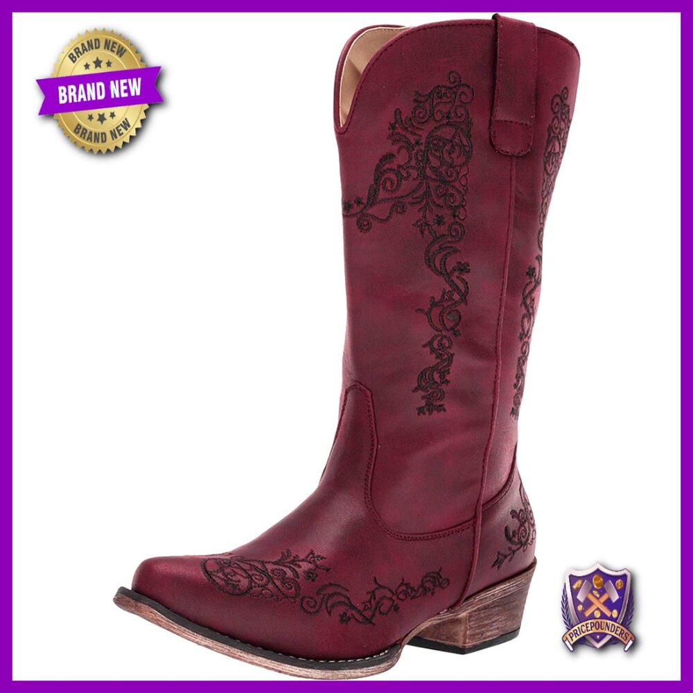 Western Boots Mid-Calf Vintage Floral Embroidery Faux Leather Cowgirl Chic